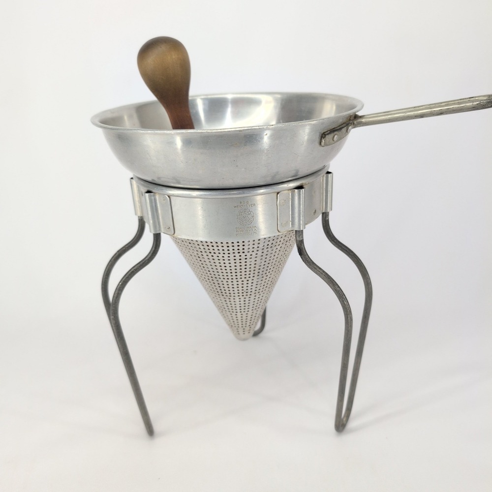 Wear-Ever No 8 Food Mill Colander Silver Aluminum Vintage Cone Sieve Stand Tool